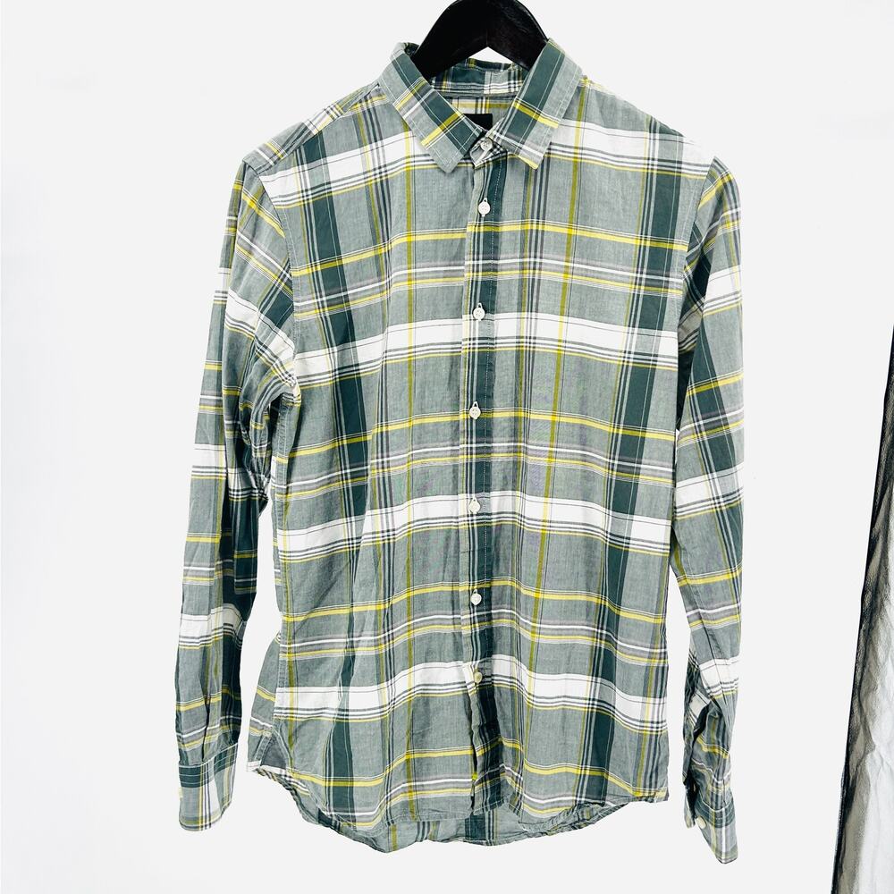 Sisley Grey Green Yellow Plaid 100% Cotton Slim Fit Button Down Shirt